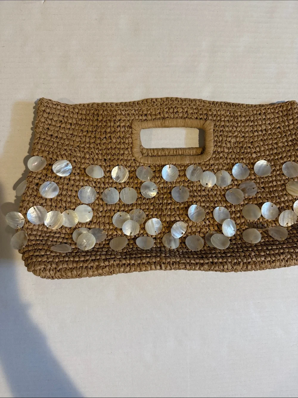 J. Crew Tan Woven Clutch with Shell Discs